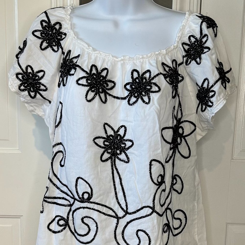 Embroidered Floral Peasant Top - White with Black Accents